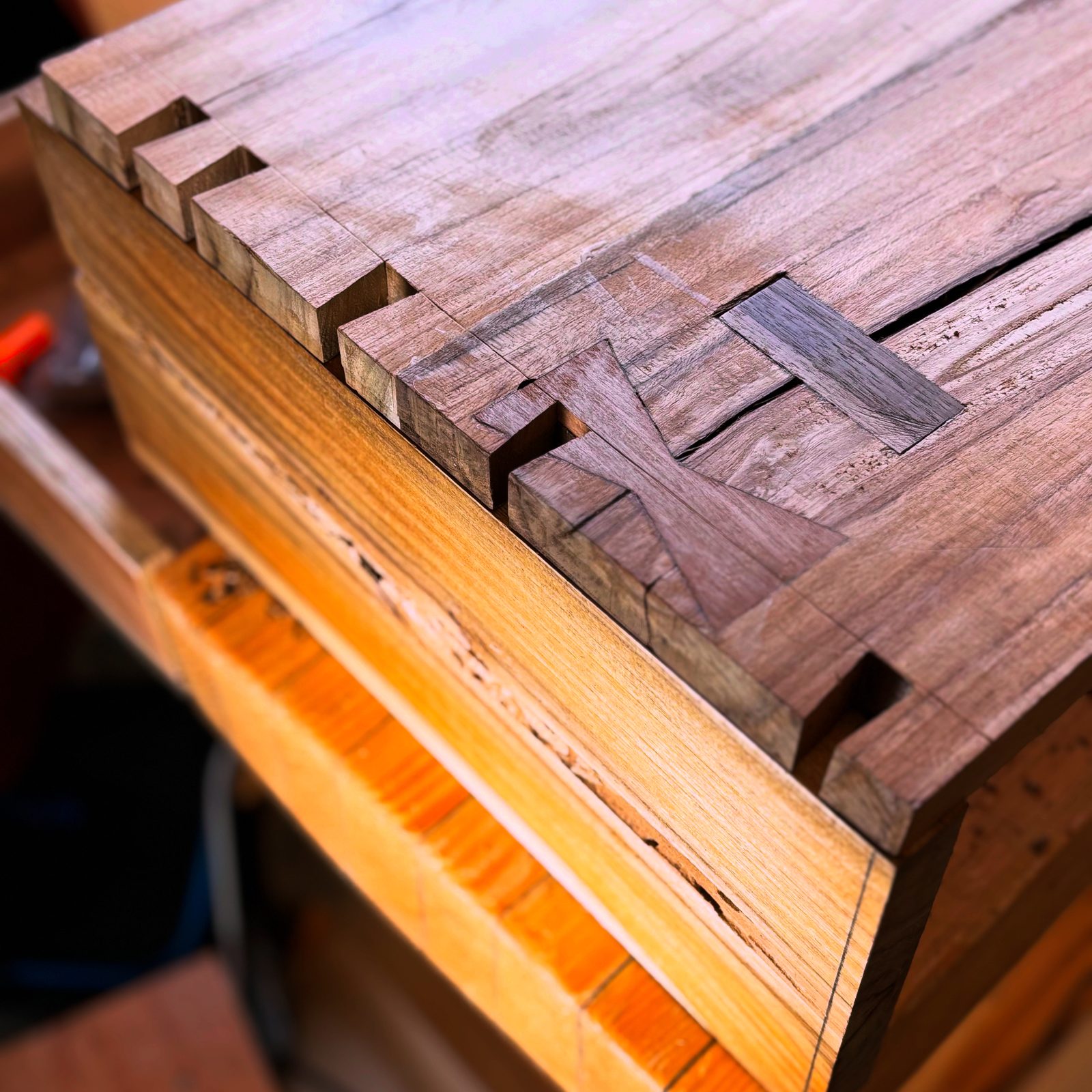 Hand cut dovetail joinery detail